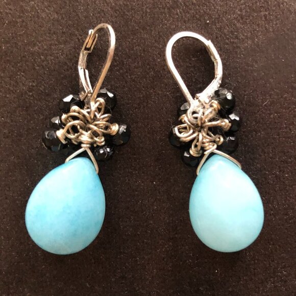 Hand Crafted Sterling Silver .925 Lever Back Dangle Earrings Blue + Black Sz OS - Picture 6 of 7